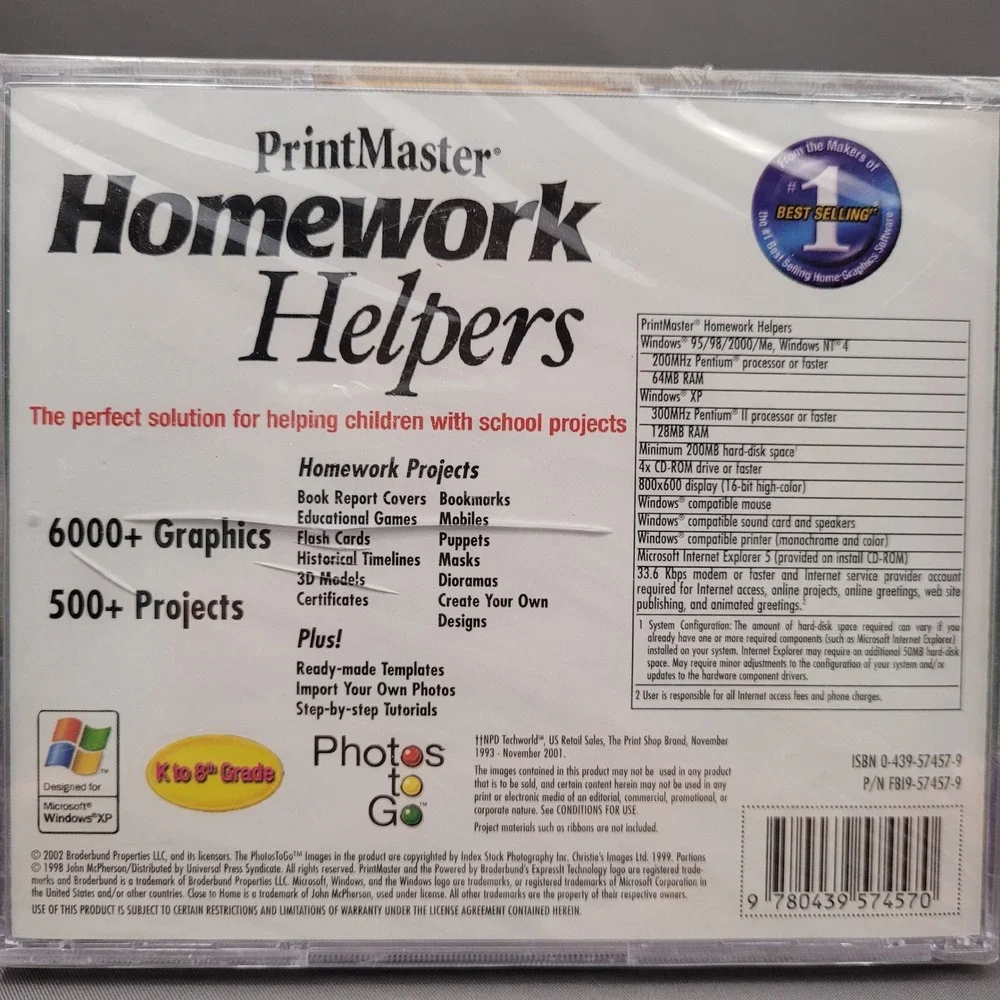 PrintMaster Homework Helpers by Broderbund (PC CD-ROM, 2002)